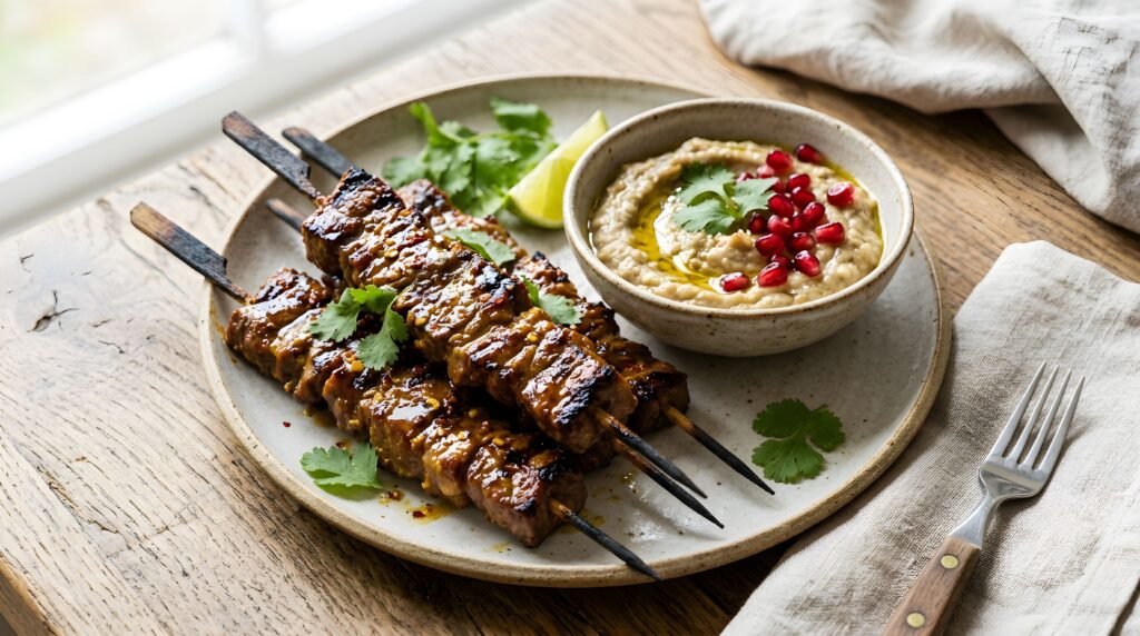 Szaszłyki satay z rostbefu wołowego z pastą z bakłażana i nerkowców oraz granatem